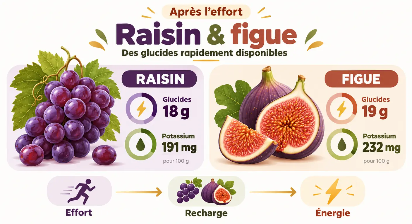 Raisin et figue, glucides rapidement disponibles après l'effort