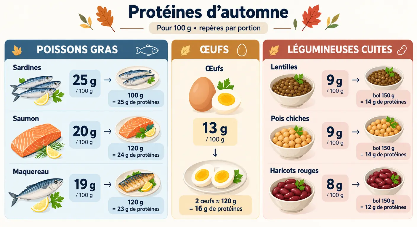 Poissons gras, œufs et légumineuses d'automne : protéines et portions