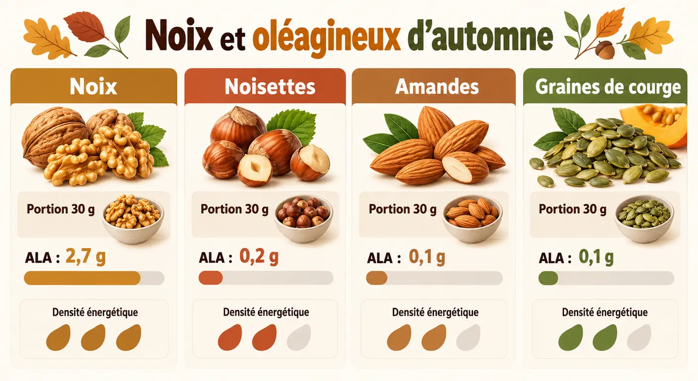 Noix et oléagineux : portion repère, oméga-3 et densité énergétique
