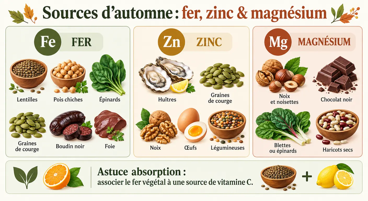 Fer, zinc et magnésium : sources d'automne et conditions d'absorption