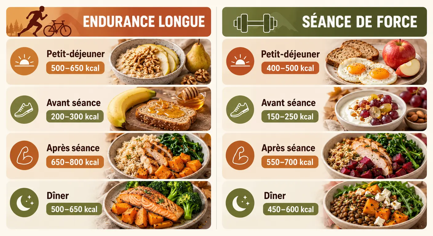 Journée de séance longue et journée de musculation : quatre prises et plages caloriques