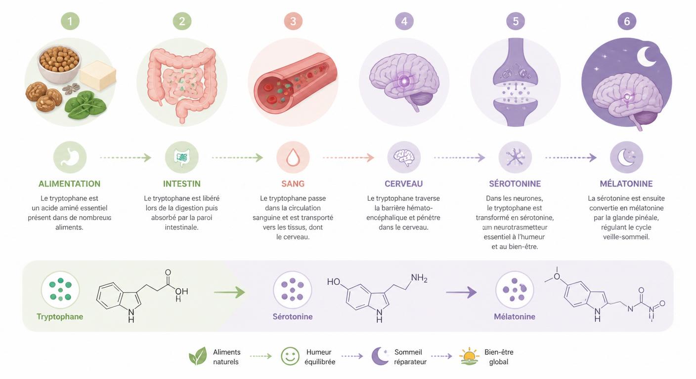 Infographie du parcours du tryptophane vers la mélatonine dans l'organisme
