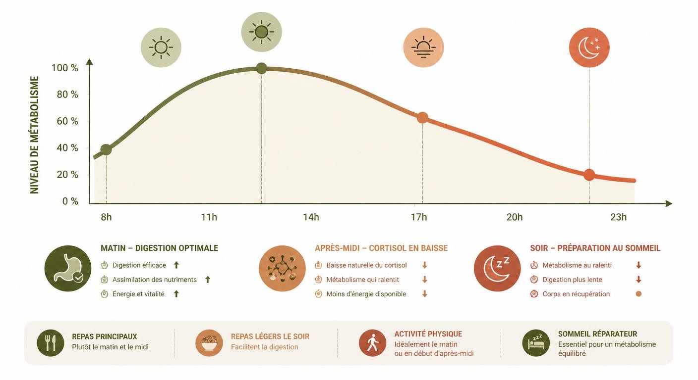 Infographie illustrant l'évolution du métabolisme au cours de la journée et l'intérêt d'un dîner léger