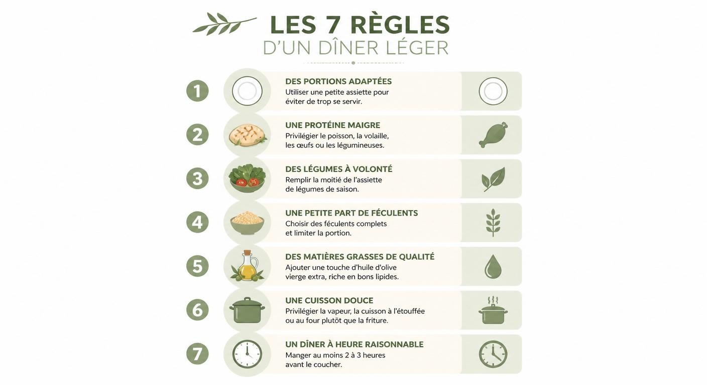 Infographie des 7 règles à respecter pour un dîner léger réussi