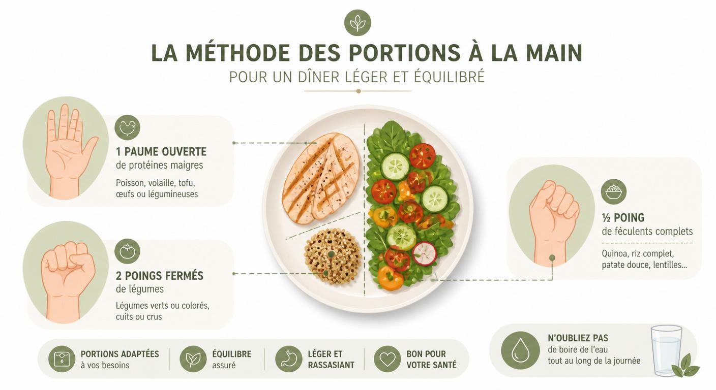 Infographie de la méthode des portions à la main pour doser son dîner léger sans balance