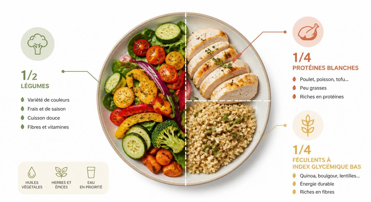 Infographie de la méthode d'assiette MonCoachGourmand pour un menu du soir léger