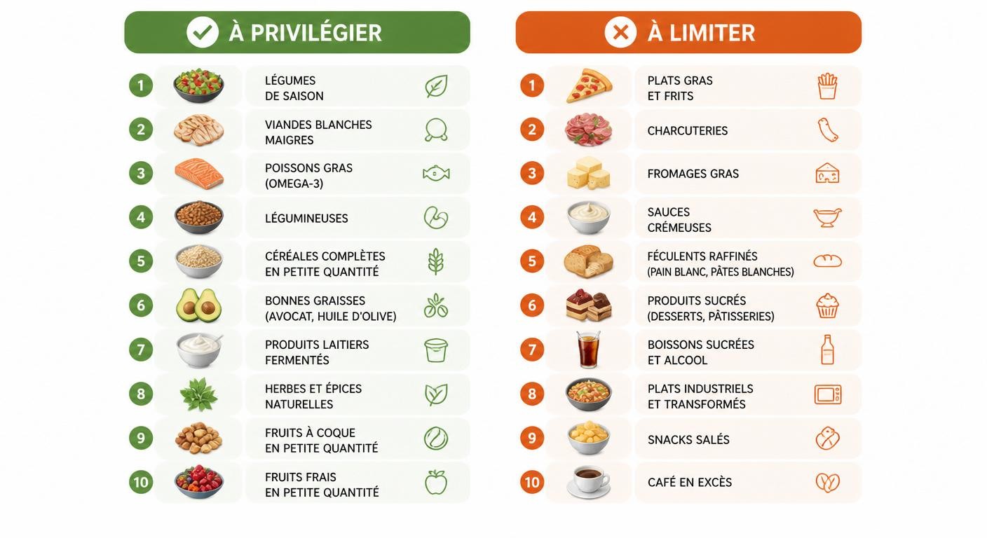 Infographie des aliments à privilégier et à éviter au dîner pour ne pas grossir