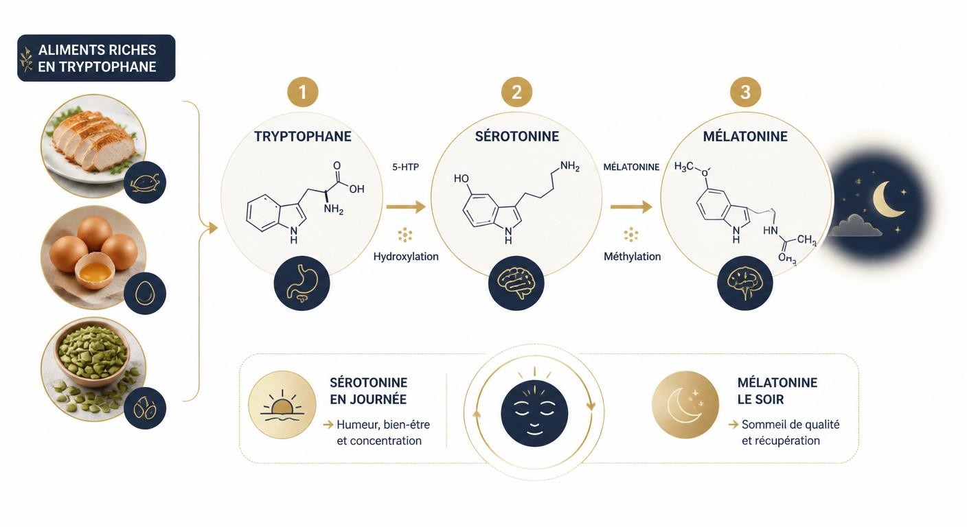 Infographie de la chaîne biochimique tryptophane-sérotonine-mélatonine et les aliments sources