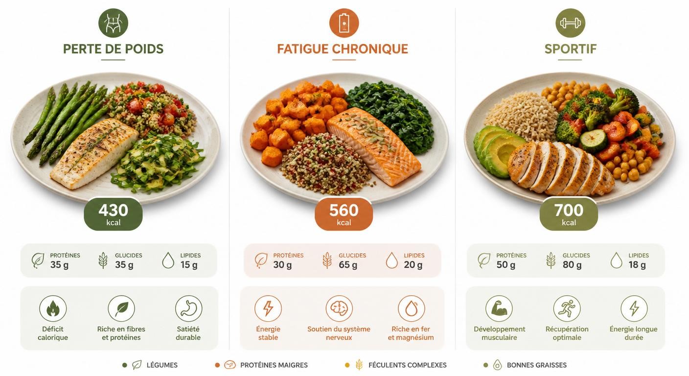 Infographie de trois assiettes du soir adaptées à trois profils nutritionnels