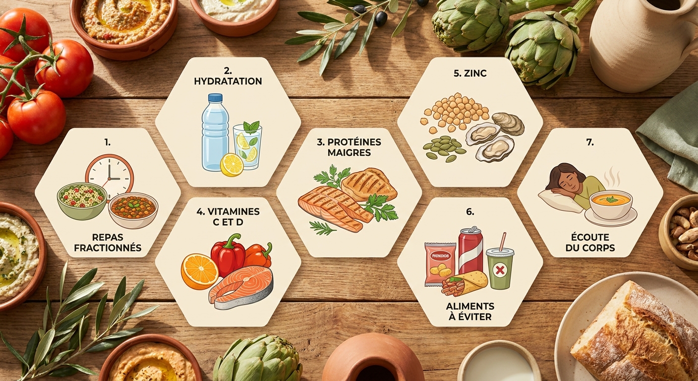 Infographie des 7 principes nutritionnels à appliquer en cas de maladie