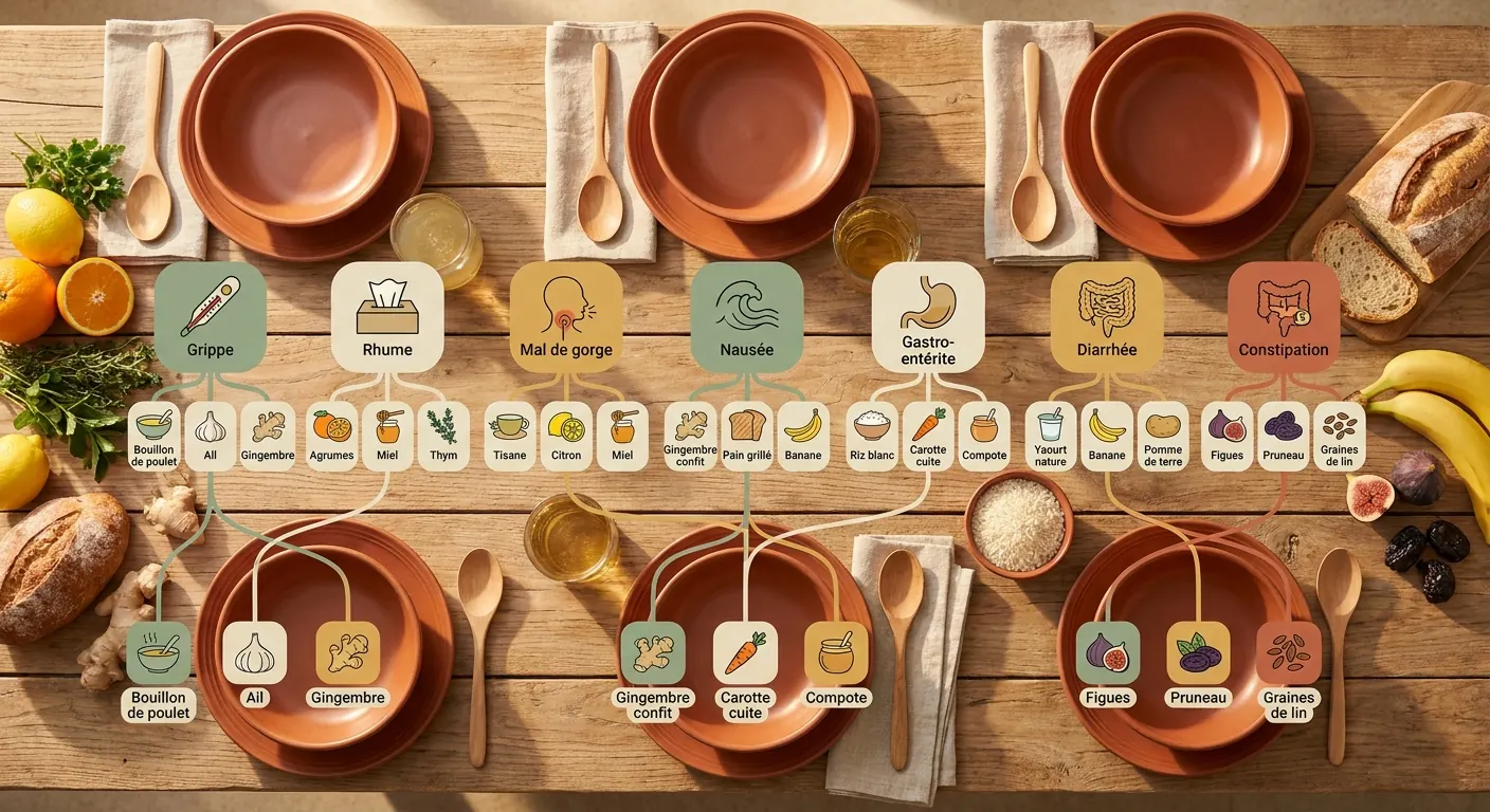 Infographie associant chaque symptôme à ses aliments recommandés