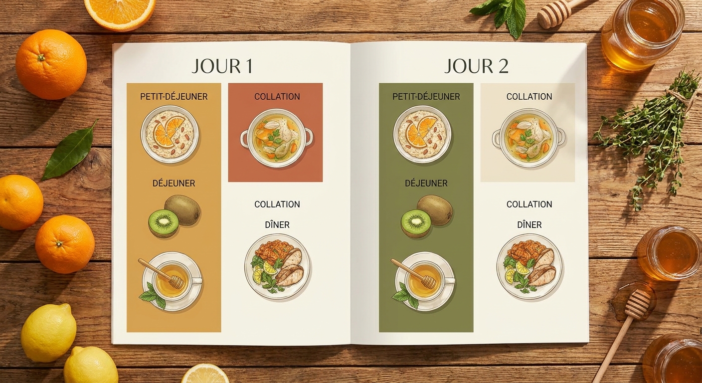 Infographie d'un menu type sur 48 heures pour grippe et rhume