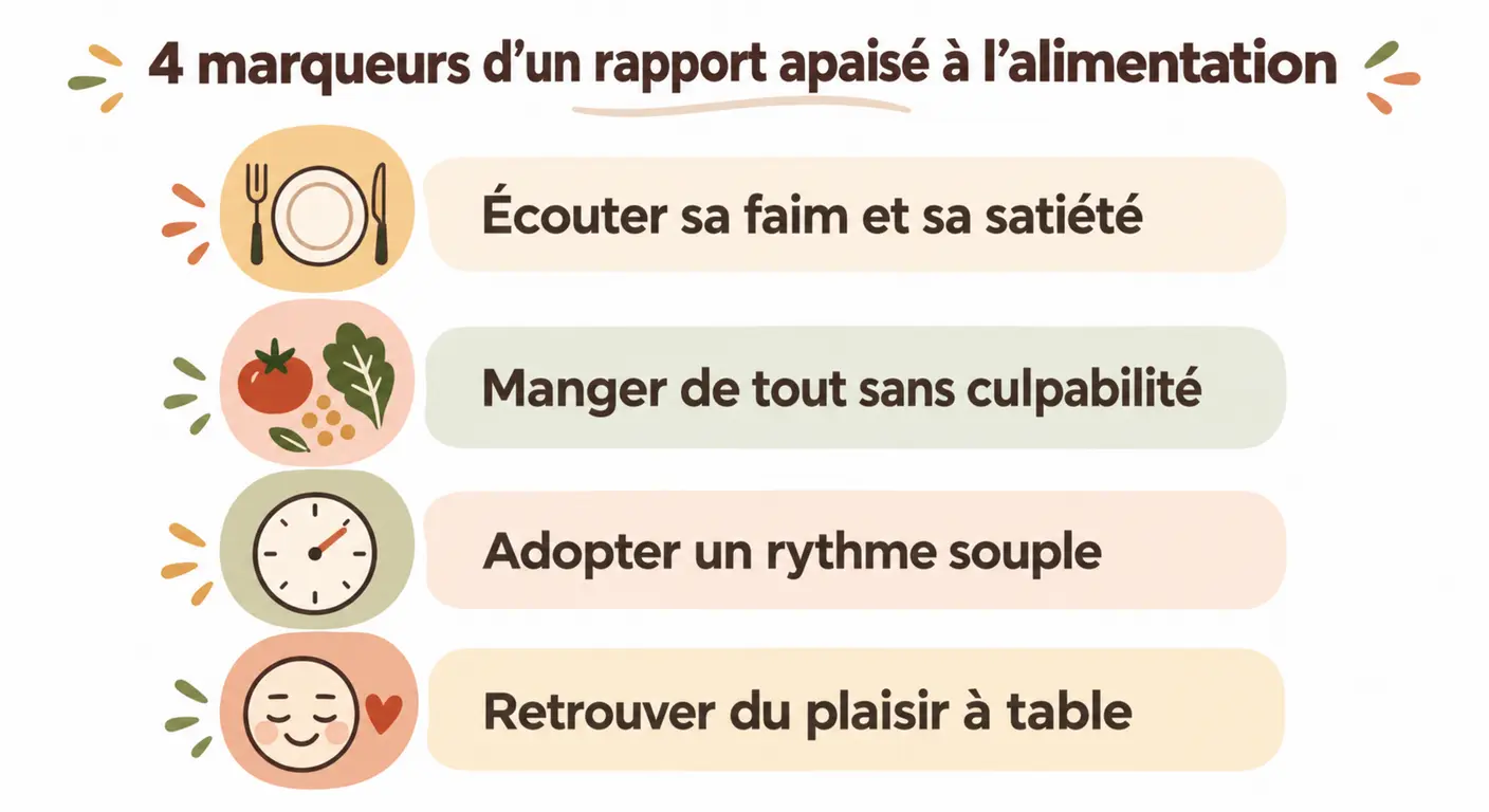 Quatre pistes illustrées : sensations de faim et de satiété, variété sans culpabilité, rythme souple et plaisir à table