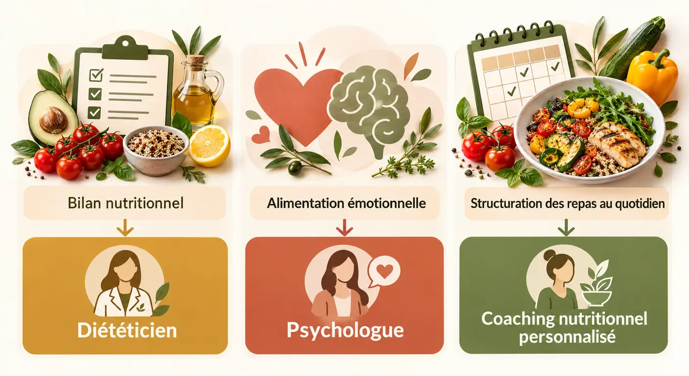 Illustration des rôles du diététicien, du psychologue et du coaching d'organisation des repas