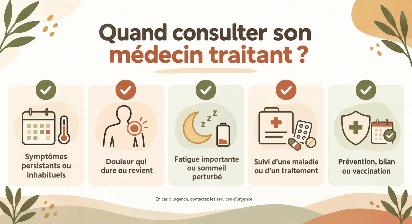Situations générales de recours au médecin : symptômes inhabituels, douleur, fatigue, suivi d'une maladie ou prévention