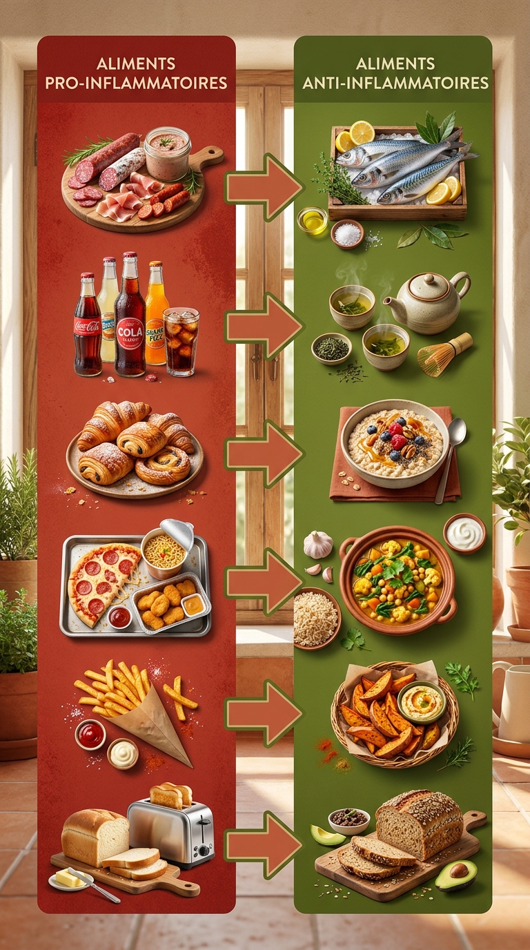 Infographie comparatif aliments pro et anti-inflammatoires