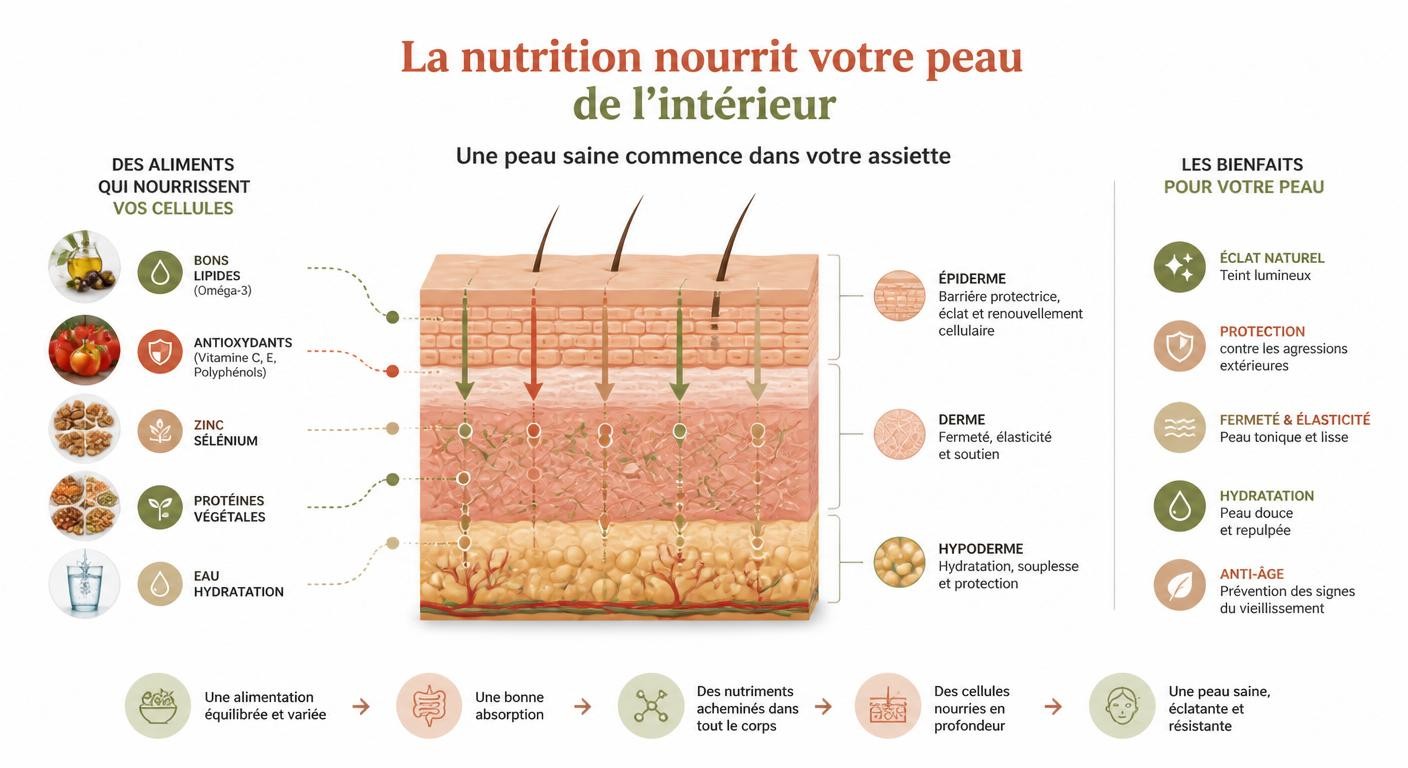 Infographie expliquant comment l'alimentation nourrit la peau en profondeur
