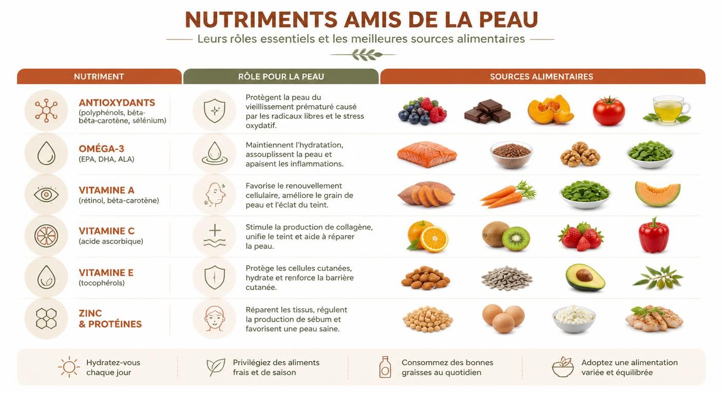 Infographie des nutriments clés pour une belle peau et leurs sources