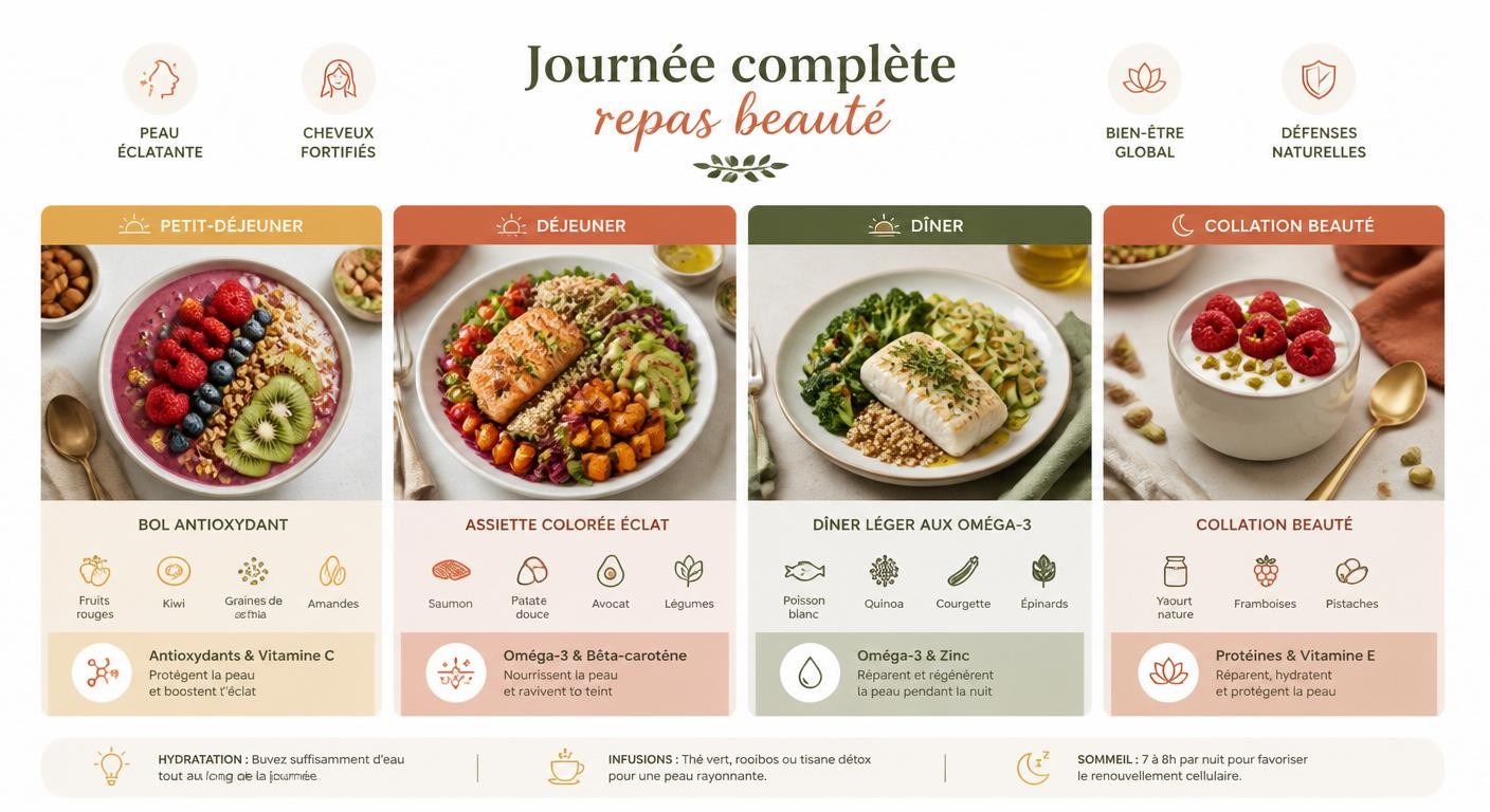 Infographie d'une journée de recettes pour une belle peau