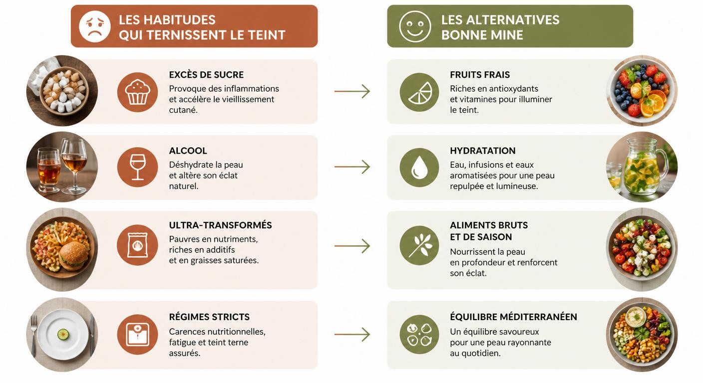 Infographie des erreurs alimentaires qui ternissent la peau et leurs alternatives