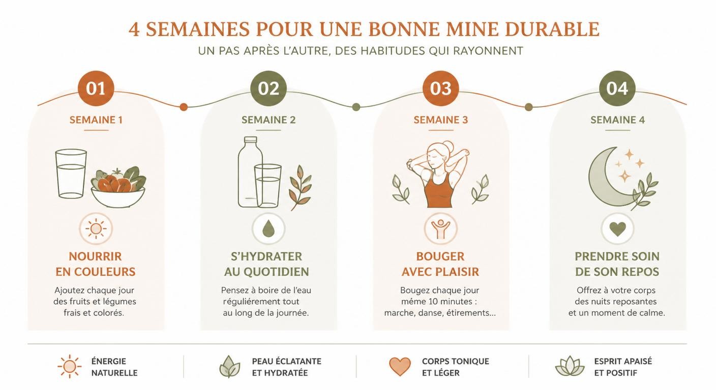 Infographie du plan sur 4 semaines pour manger belle peau durablement