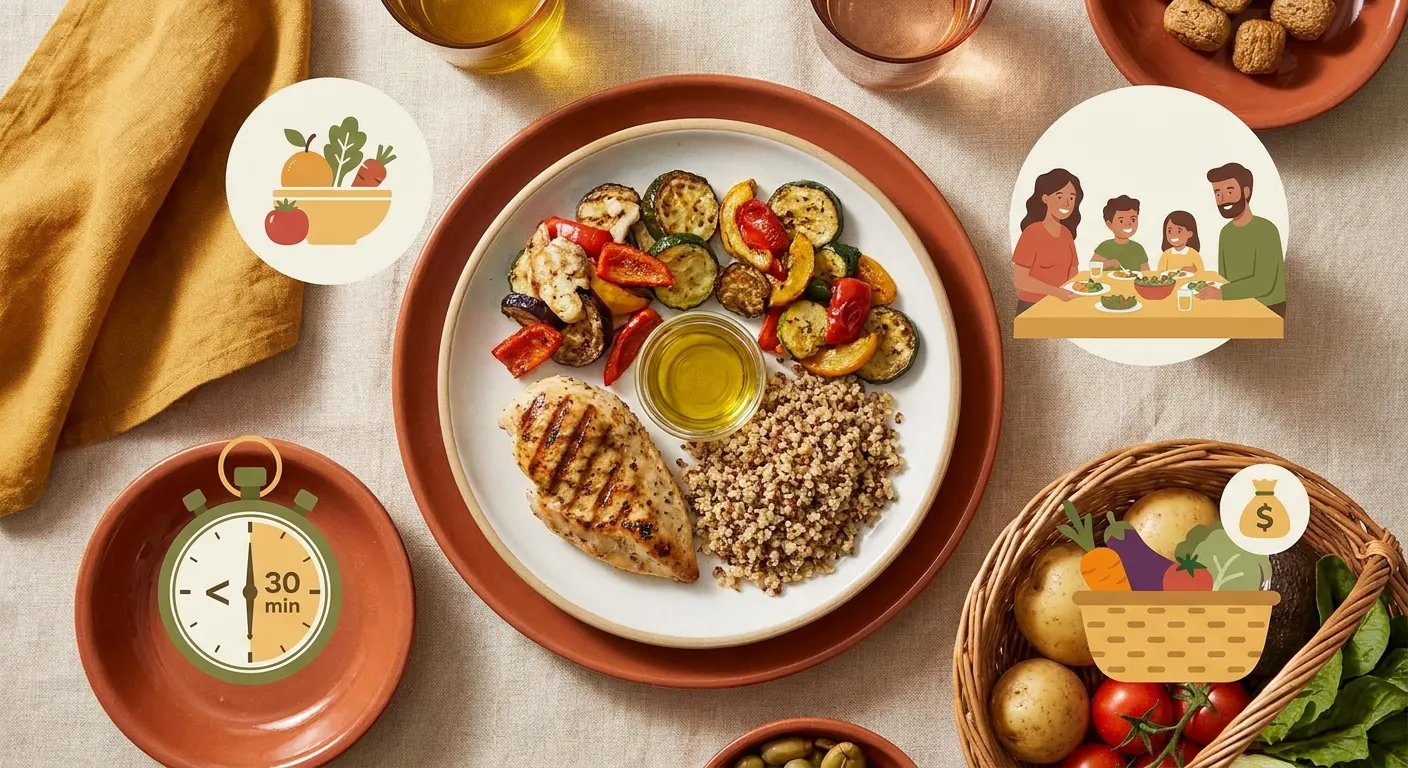 Infographie des 4 piliers d'un dîner familial équilibré et rapide