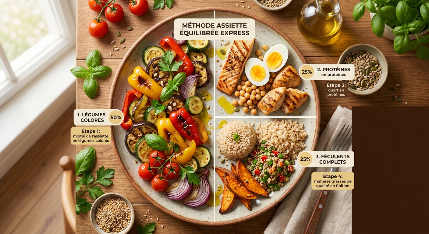Infographie de l'assiette équilibrée express en 4 étapes pour la famille