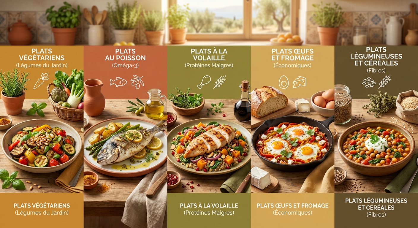 Infographie des 5 catégories de recettes familiales équilibrées express