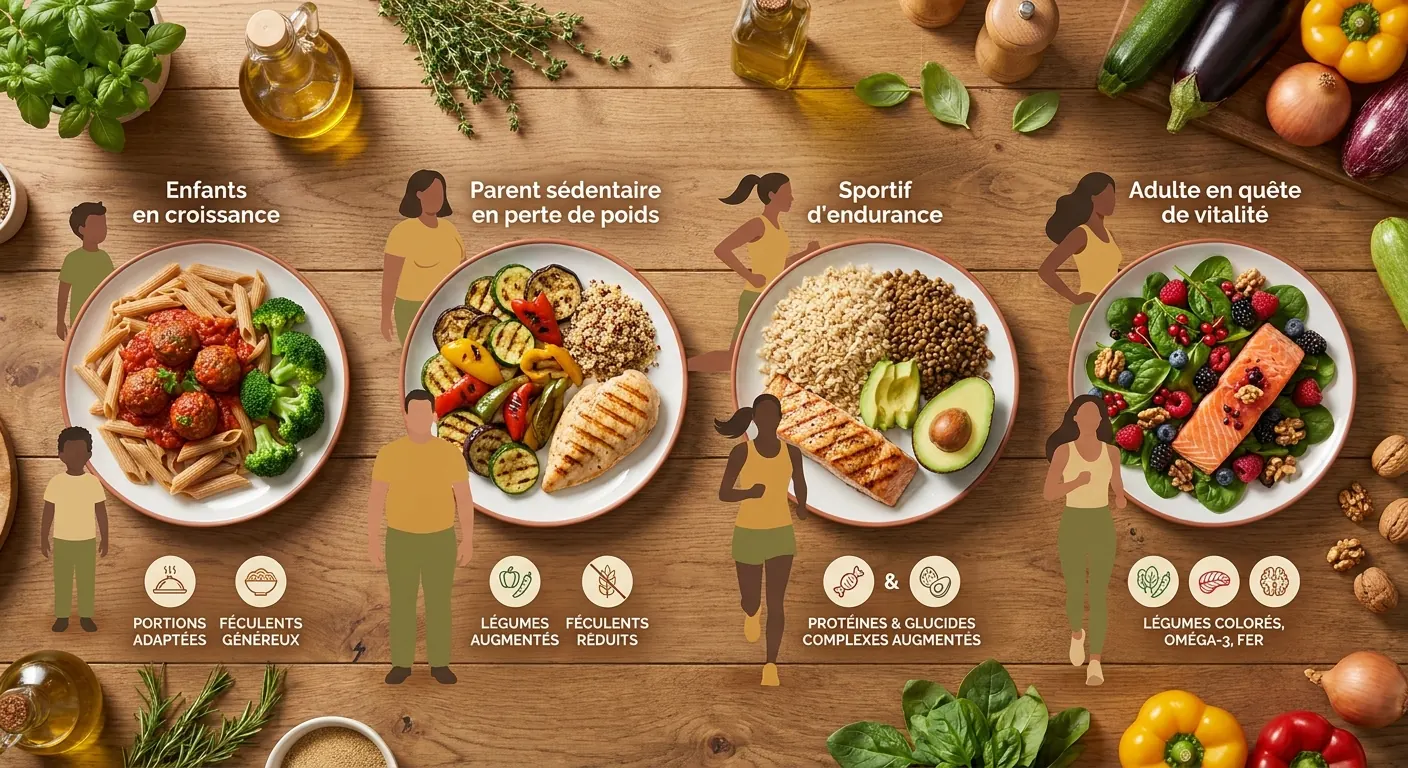 Infographie comparant l'adaptation d'une recette familiale à 4 profils nutritionnels