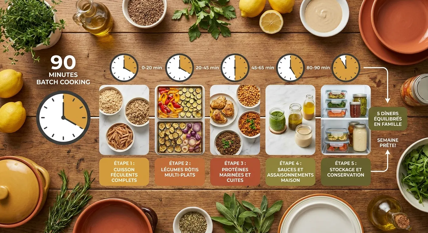 Infographie du batch cooking dominical en 90 minutes pour 5 dîners équilibrés