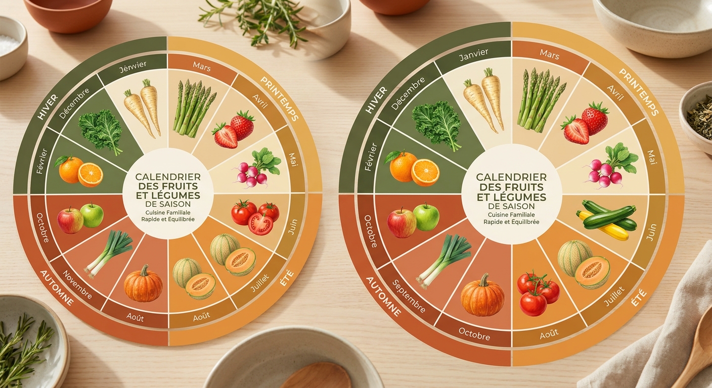 Infographie du calendrier des fruits et légumes de saison pour une cuisine familiale équilibrée