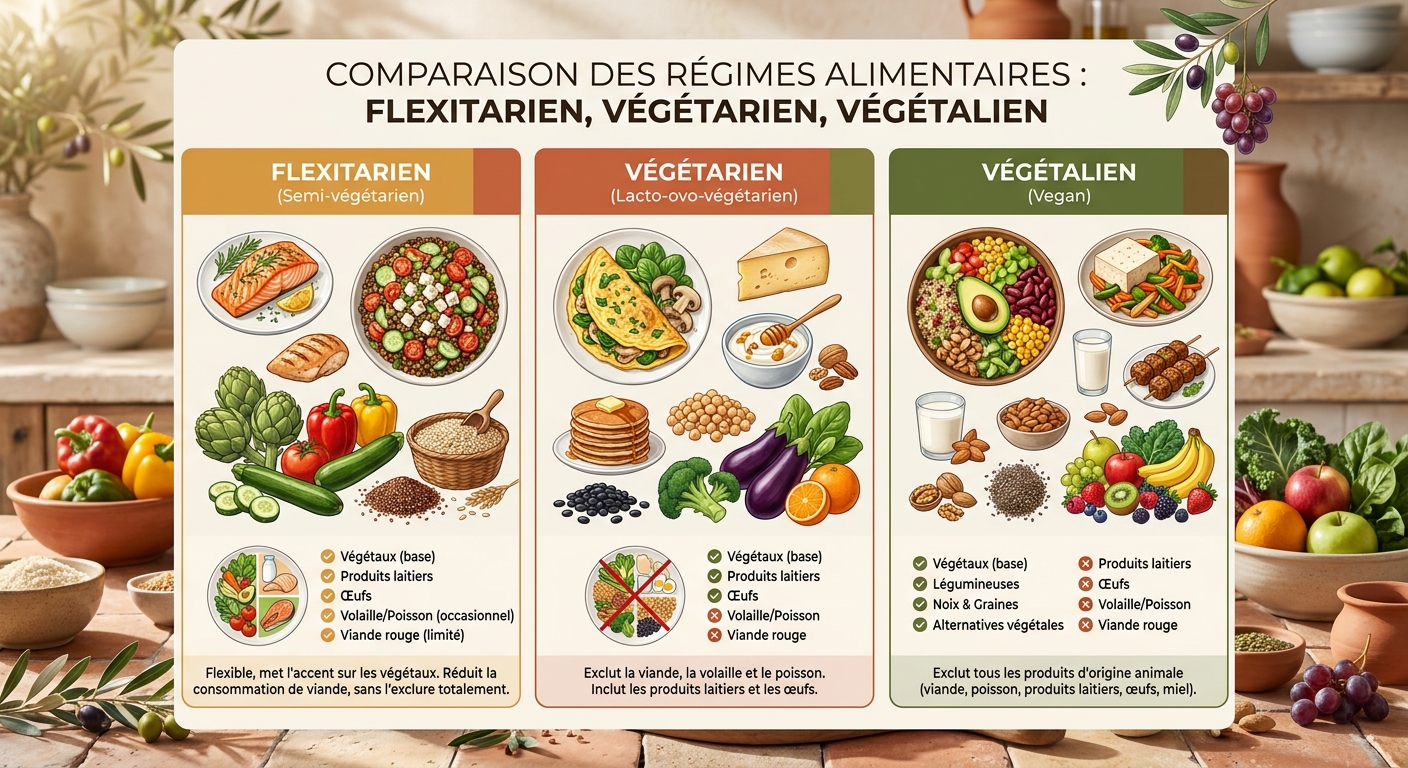 Infographie comparant flexitarisme, végétarisme et végétalisme