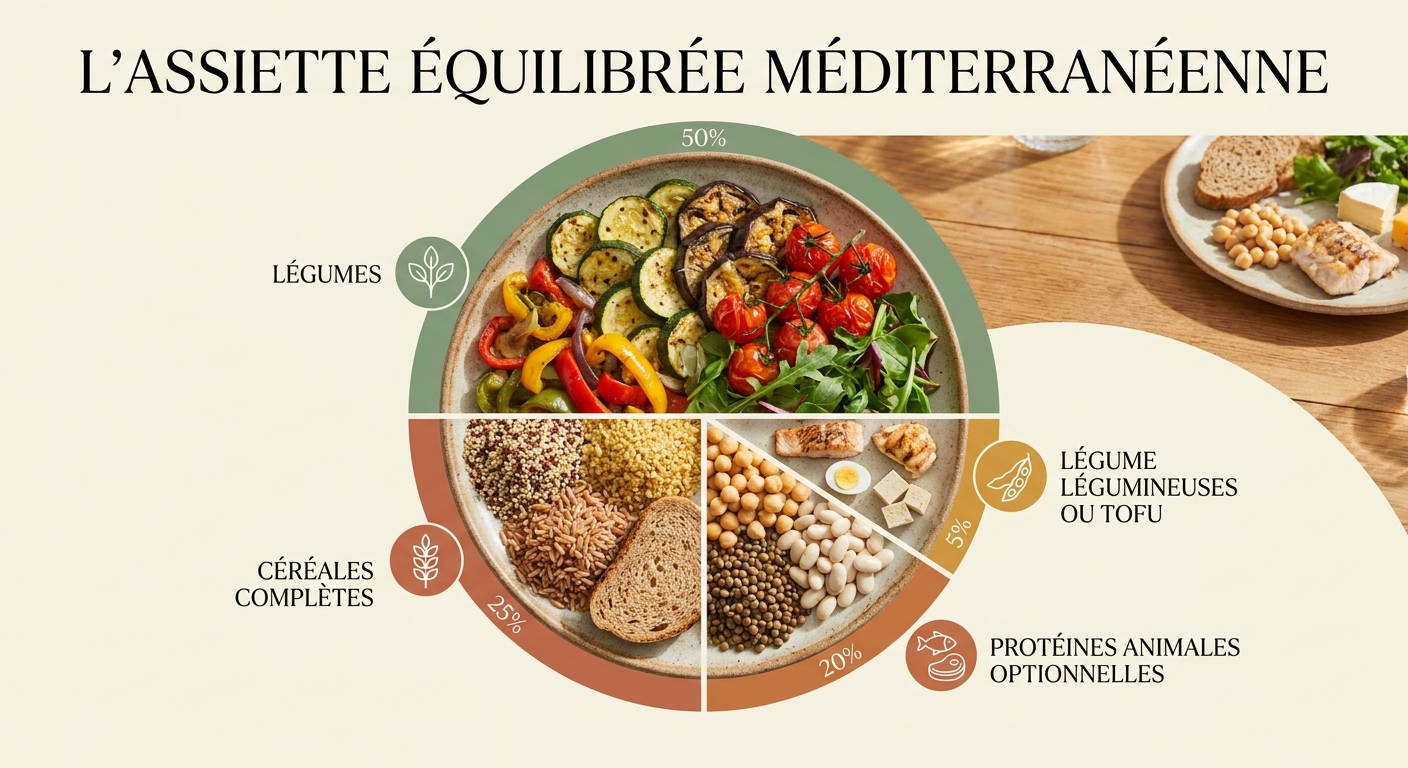 Infographie de la composition d'une assiette flexitarienne équilibrée