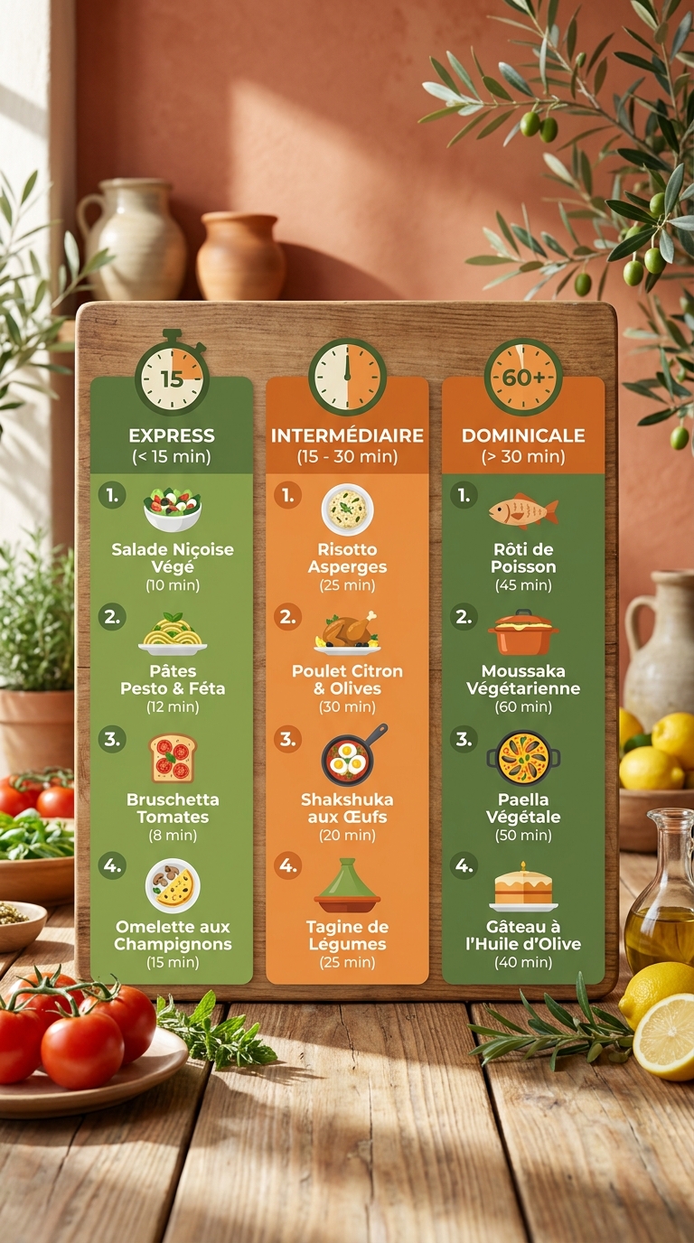 Infographie des 12 recettes flexitariennes faciles classées par durée