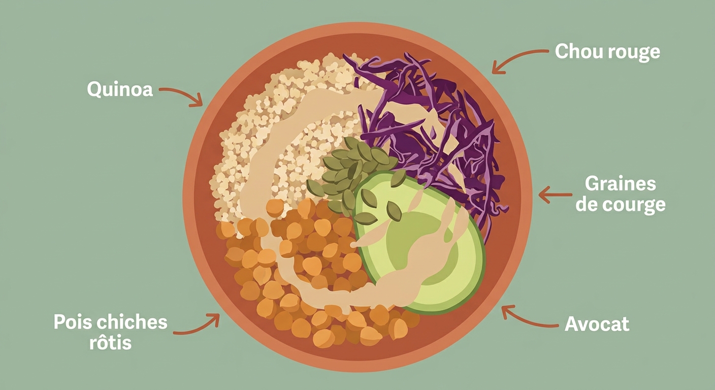 Infographie d'un buddha bowl flexitarien complet