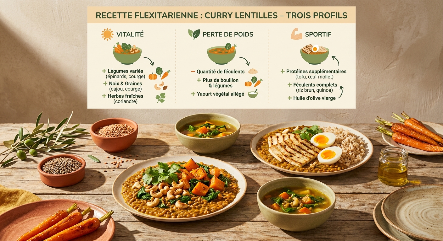 Infographie de l'adaptation d'une recette flexitarienne selon trois profils