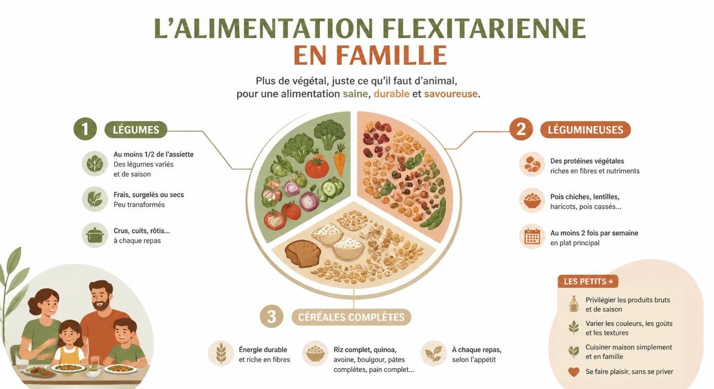 Infographie expliquant les trois piliers de l'assiette flexitarienne en famille