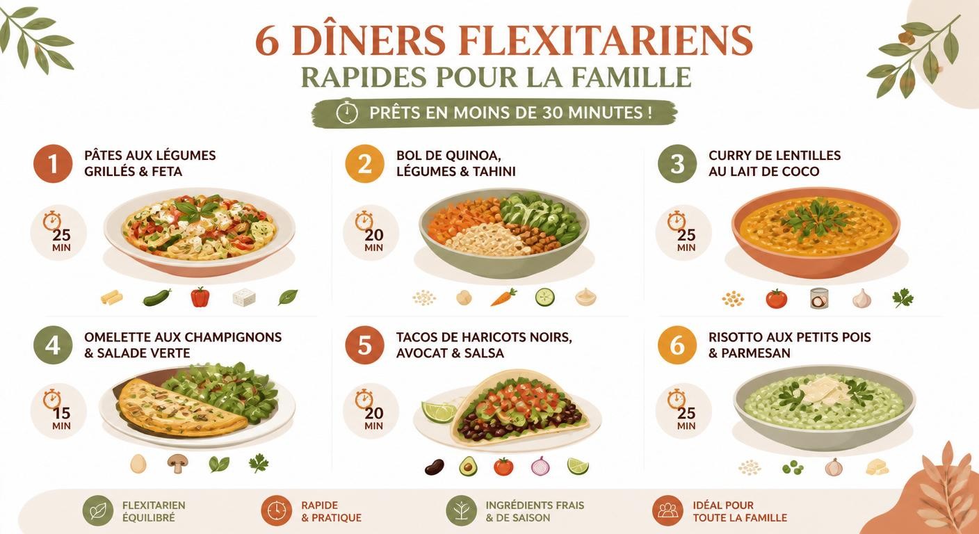 Infographie de six recettes flexitariennes rapides pour les soirs de semaine