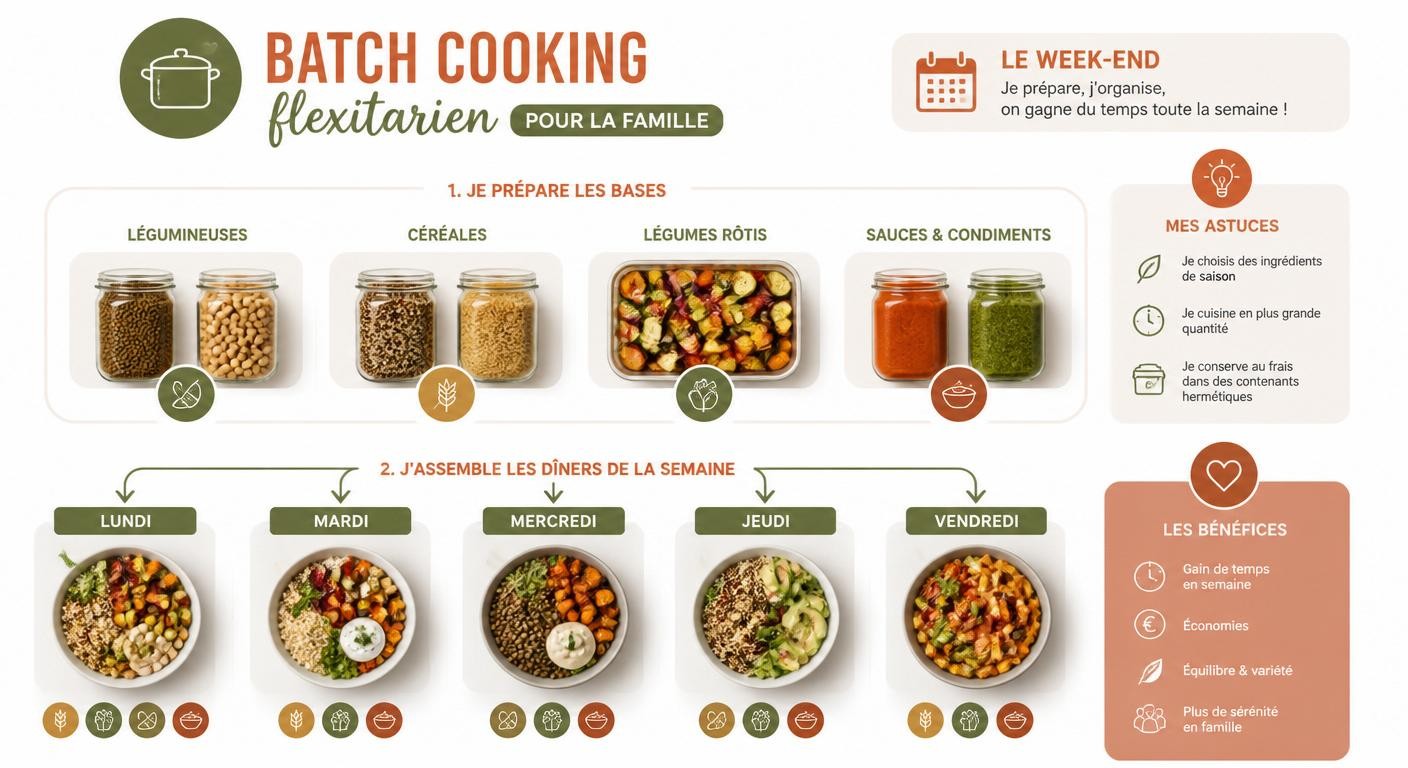 Infographie du batch cooking flexitarien pour la famille