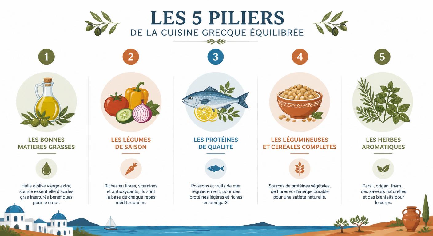 Infographie des cinq piliers nutritionnels de la cuisine grecque équilibrée