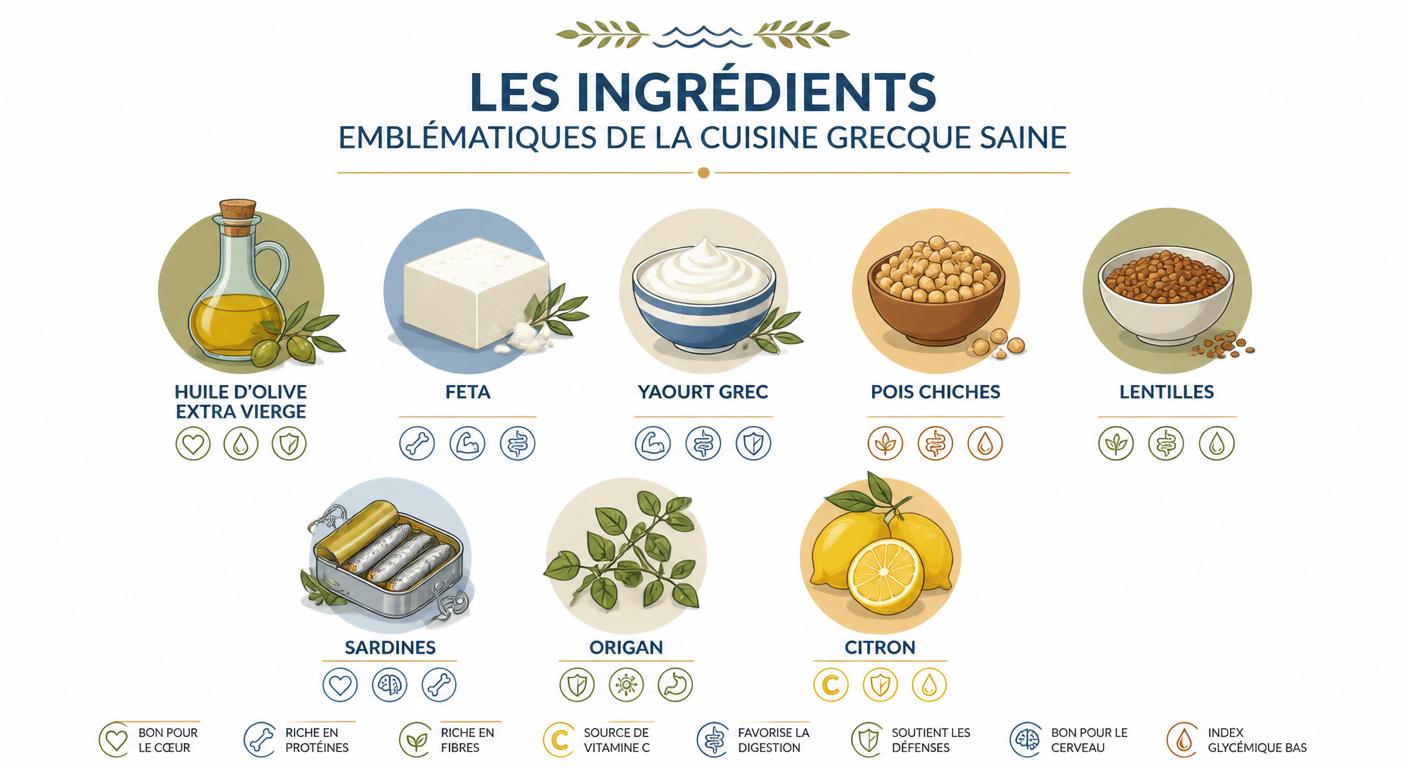 Infographie des ingrédients clés pour cuisiner des recettes grecques saines