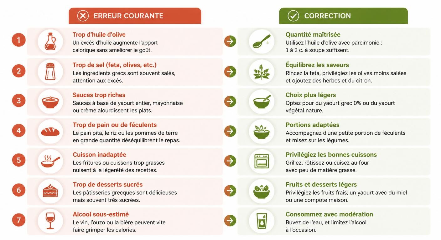 Infographie des sept erreurs à éviter dans les recettes grecques diététiques