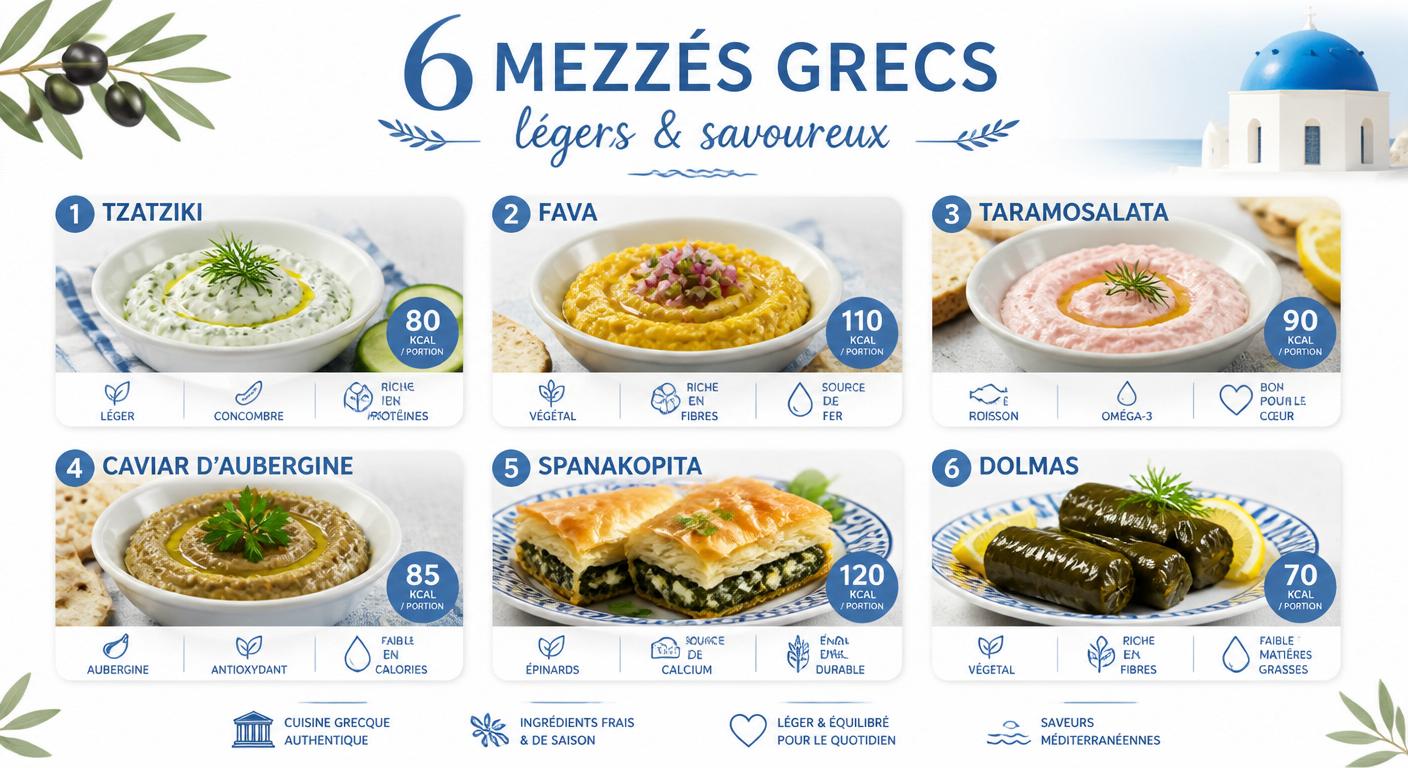 Infographie des mezzés grecs légers avec apports nutritionnels