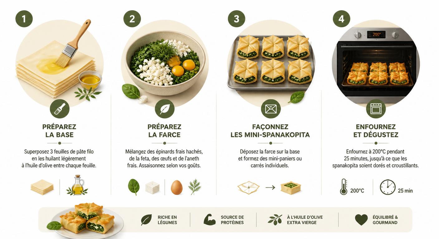 Infographie des étapes et proportions du spanakopita revisité équilibré en mini-portions