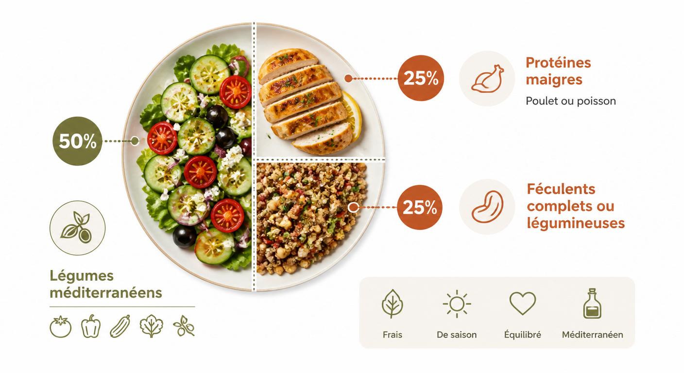 Infographie de l assiette grecque équilibrée selon les proportions recommandées