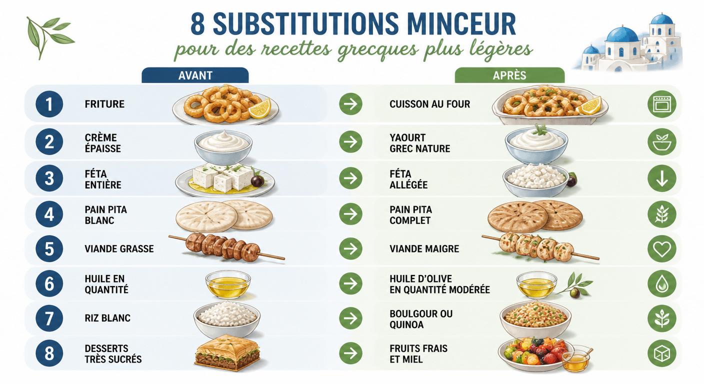 Infographie des substitutions minceur appliquées aux recettes grecques