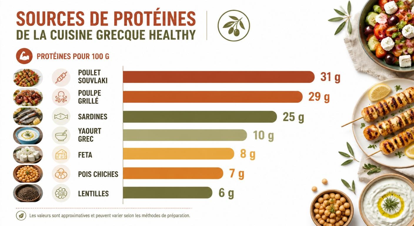 Infographie des sources de protéines des recettes grecques healthy pour sportifs