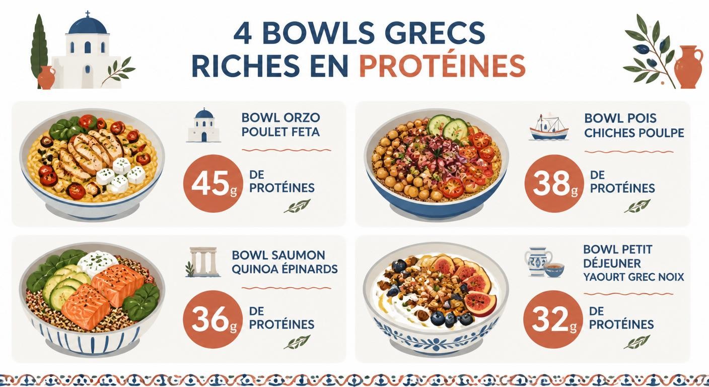 Infographie des quatre bowls grecs protéinés à plus de 30 grammes de protéines par portion