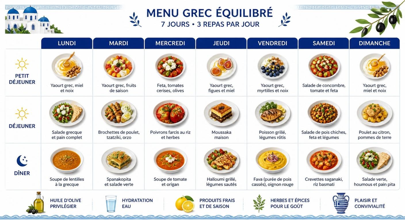 Infographie du menu hebdomadaire de plats grecs sains équilibrés