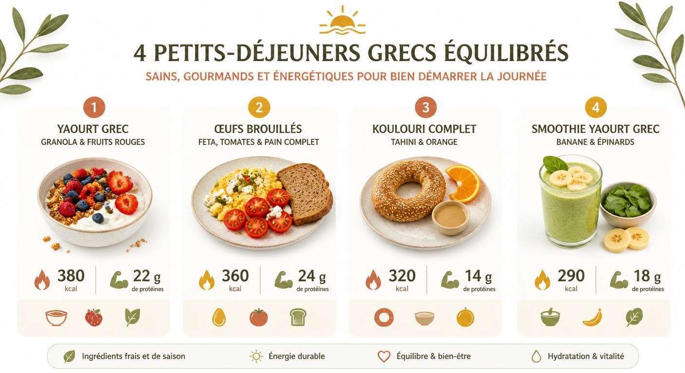Infographie des quatre options de petits-déjeuners grecs équilibrés avec calories et protéines